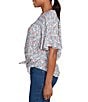 Ruby Rd. Petite Size Silky Voile Printed Round Neck Short Flutter Sleeve Tie-Front Top, Color:Blue Sky Multi - Image 3