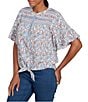 Ruby Rd. Petite Size Silky Voile Printed Round Neck Short Flutter Sleeve Tie-Front Top, Color:Blue Sky Multi - Image 4