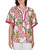 Ruby Rd. Petite Size Silky Voile Tropical Floral Split V-Neck Elbow Sleeve Blouse - Image 1