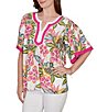 Ruby Rd. Petite Size Silky Voile Tropical Floral Split V-Neck Elbow Sleeve Blouse - Image 4