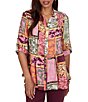 Ruby Rd. Petite Size Silky Voile Woven Patchwork Tropical Print Split V-Neck 3/4 Roll-Tab Sleeve Button Front Shirt - Image 1