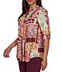 Ruby Rd. Petite Size Silky Voile Woven Patchwork Tropical Print Split V-Neck 3/4 Roll-Tab Sleeve Button Front Shirt - Image 3