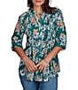 Ruby Rd. Petite Size Slub Knit Kensington-Inspired Floral Split V-Neck 3/4 Roll-Tab Sleeve Button-Front Shirt - Image 1