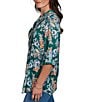 Ruby Rd. Petite Size Slub Knit Kensington-Inspired Floral Split V-Neck 3/4 Roll-Tab Sleeve Button-Front Shirt - Image 3