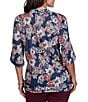 Ruby Rd. Petite Size Slub Knit Kensington-Inspired Floral Split V-Neck 3/4 Roll-Tab Sleeve Button-Front Shirt - Image 2