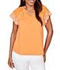 Ruby Rd. Petite Size Slub Knit Split V-Neck Short Embroidered Sleeve Top - Image 5