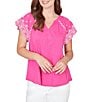 Ruby Rd. Petite Size Slub Knit Split V-Neck Short Embroidered Sleeve Top - Image 1