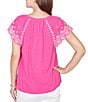 Ruby Rd. Petite Size Slub Knit Split V-Neck Short Embroidered Sleeve Top - Image 2