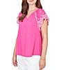Ruby Rd. Petite Size Slub Knit Split V-Neck Short Embroidered Sleeve Top - Image 4