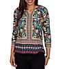 Ruby Rd. Petite Size Slub Knit Vibrant Paradise-Inspired Split V-Neck Cuffed 3/4 Sleeve Top - Image 1