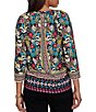 Ruby Rd. Petite Size Slub Knit Vibrant Paradise-Inspired Split V-Neck Cuffed 3/4 Sleeve Top - Image 2