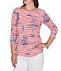 Ruby Rd. Petite Size Soft Cotton Jersey Allover Sailboat Stripe Print Square Neck 3/4 Sleeve Top, Color:Deep Coral Multi - Image 1