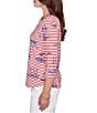 Ruby Rd. Petite Size Soft Cotton Jersey Allover Sailboat Stripe Print Square Neck 3/4 Sleeve Top, Color:Deep Coral Multi - Image 3