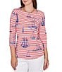Ruby Rd. Petite Size Soft Cotton Jersey Allover Sailboat Stripe Print Square Neck 3/4 Sleeve Top, Color:Deep Coral Multi - Image 4