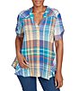Ruby Rd. Petite Size Soft Crinkle Plaid Y-Neck Short Button-Tab Sleeve Button-Front Shirt, Color:Turquoise/Multi - Image 1