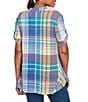 Ruby Rd. Petite Size Soft Crinkle Plaid Y-Neck Short Button-Tab Sleeve Button-Front Shirt, Color:Turquoise/Multi - Image 2