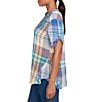 Ruby Rd. Petite Size Soft Crinkle Plaid Y-Neck Short Button-Tab Sleeve Button-Front Shirt, Color:Turquoise/Multi - Image 3
