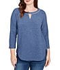 Ruby Rd. Petite Size Soft Hatchi Knit Keyhole Neck 3/4 Sleeve Top, Color:Indigo - Image 1