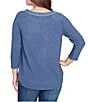 Ruby Rd. Petite Size Soft Hatchi Knit Keyhole Neck 3/4 Sleeve Top, Color:Indigo - Image 2