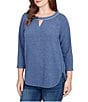 Ruby Rd. Petite Size Soft Hatchi Knit Keyhole Neck 3/4 Sleeve Top, Color:Indigo - Image 4