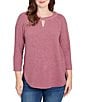 Ruby Rd. Petite Size Soft Hatchi Knit Keyhole Neck 3/4 Sleeve Top, Color:Raisin - Image 1