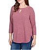Ruby Rd. Petite Size Soft Hatchi Knit Keyhole Neck 3/4 Sleeve Top, Color:Raisin - Image 4