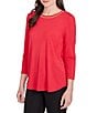 Ruby Rd. Petite Size Soft Jersey Knit Embellished Scoop Neck 3/4 Sleeve Top, Color:Cherry - Image 4