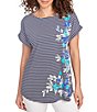 Ruby Rd. Petite Size Soft Jersey Knit Floral Stripe Boat Neck Short Cuff Sleeve Top, Color:Navy/Multi - Image 1