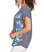 Ruby Rd. Petite Size Soft Jersey Knit Floral Stripe Boat Neck Short Cuff Sleeve Top, Color:Navy/Multi - Image 2