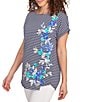 Ruby Rd. Petite Size Soft Jersey Knit Floral Stripe Boat Neck Short Cuff Sleeve Top, Color:Navy/Multi - Image 3