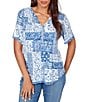 Ruby Rd. Petite Size Soft Knit Patchwork Print Split V-Neck Short Sleeve Tee Top - Image 1