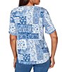 Ruby Rd. Petite Size Soft Knit Patchwork Print Split V-Neck Short Sleeve Tee Top - Image 2