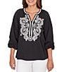 Ruby Rd. Petite Size Soft Woven Embroidered Split V-Neck 3/4 Sleeve Top - Image 1