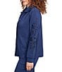 Ruby Rd. Petite Size Solid Scuba Open Floral Cut-Out Embroidered Long Sleeve Snap-Front Jacket, Color:Deep Blue - Image 3