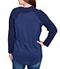 Ruby Rd. Petite Size Solid Mixed Media Cowl Neck Snap Detail Long Sleeve Drawstring Waist Top, Color:Deep Blue - Image 2