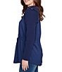 Ruby Rd. Petite Size Solid Mixed Media Cowl Neck Snap Detail Long Sleeve Drawstring Waist Top, Color:Deep Blue - Image 3