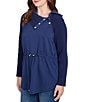 Ruby Rd. Petite Size Solid Mixed Media Cowl Neck Snap Detail Long Sleeve Drawstring Waist Top, Color:Deep Blue - Image 4