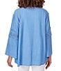 Color:Blue Moon - Image 2 - Petite Size Solid Split V-Neck 3/4 Lace Inset Bell Sleeve Top