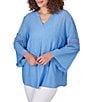 Color:Blue Moon - Image 4 - Petite Size Solid Split V-Neck 3/4 Lace Inset Bell Sleeve Top