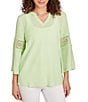 Color:Honeydew - Image 1 - Petite Size Solid Split V-Neck 3/4 Lace Inset Bell Sleeve Top
