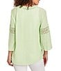 Color:Honeydew - Image 2 - Petite Size Solid Split V-Neck 3/4 Lace Inset Bell Sleeve Top