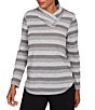 Ruby Rd. Petite Size Sparkling Metallic Stripe Knit Shawl Neck Long Sleeve Top, Color:Grey Multi - Image 4