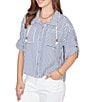 Ruby Rd. Petite Size Spliced Stripe Spread Collar 3/4 Roll-Tab Sleeve Button-Front Jacket - Image 1