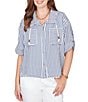 Ruby Rd. Petite Size Spliced Stripe Spread Collar 3/4 Roll-Tab Sleeve Button-Front Jacket - Image 4