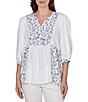 Ruby Rd. Petite Size Split V-Neck 3/4 Sleeve Sharkbite Hem Flowy Top - Image 1