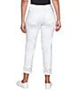 Color:White - Image 2 - Petite Size Stretch Denim Embroidered Eyelet Frayed Hem Pull-On Crop Pants