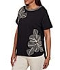 Ruby Rd. Petite Size Stretch Knit Embroidered Floral Boat Neck Short Sleeve Tee - Image 3