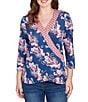 Ruby Rd. Petite Size Stretch Knit Floral Surplice V-Neck 3/4 Sleeve Top, Color:Indigo Multi - Image 1