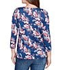 Ruby Rd. Petite Size Stretch Knit Floral Surplice V-Neck 3/4 Sleeve Top, Color:Indigo Multi - Image 2