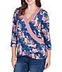 Ruby Rd. Petite Size Stretch Knit Floral Surplice V-Neck 3/4 Sleeve Top, Color:Indigo Multi - Image 4